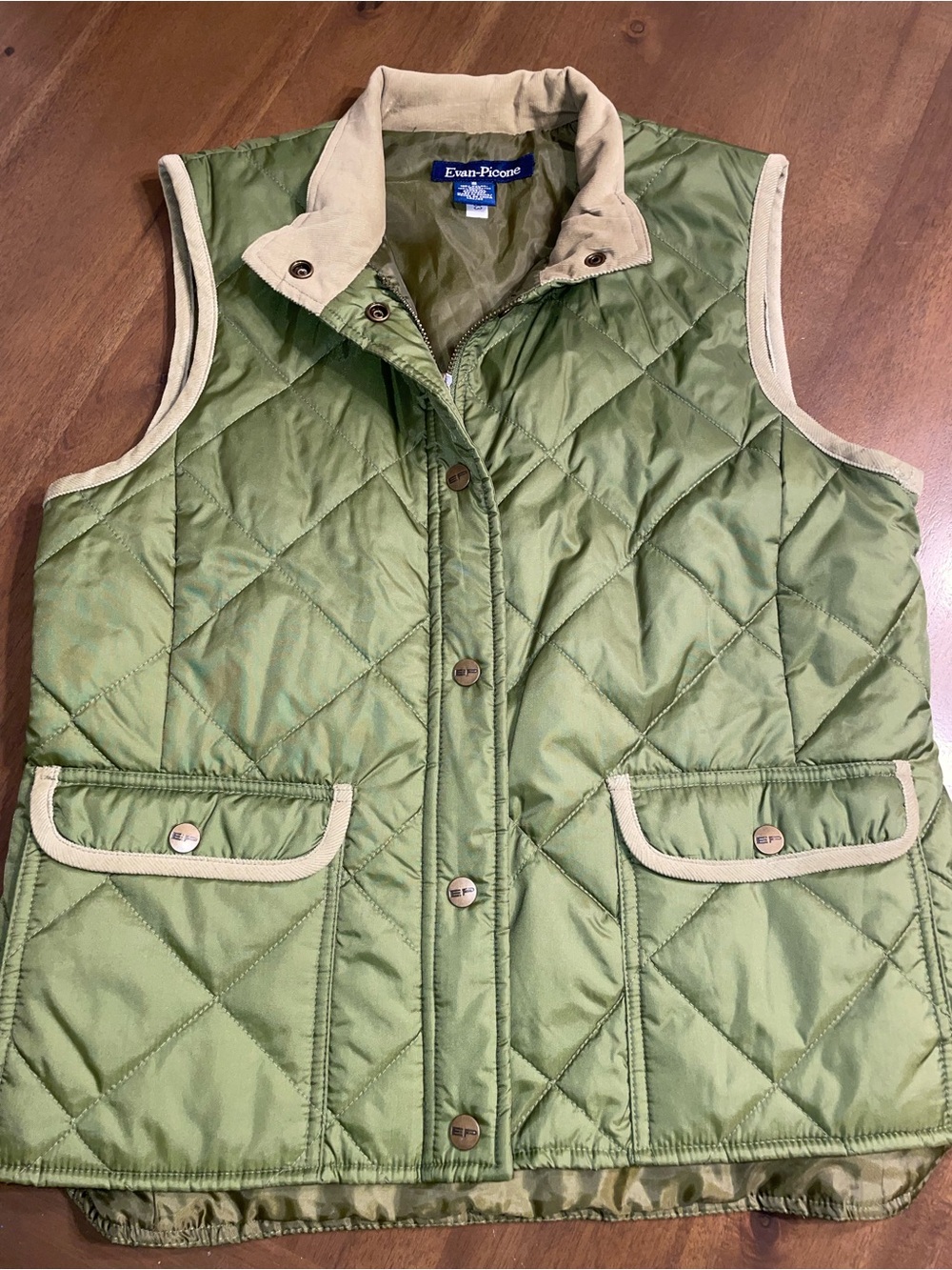 Evan Picone Olive Full zip with button puffer quilted vest